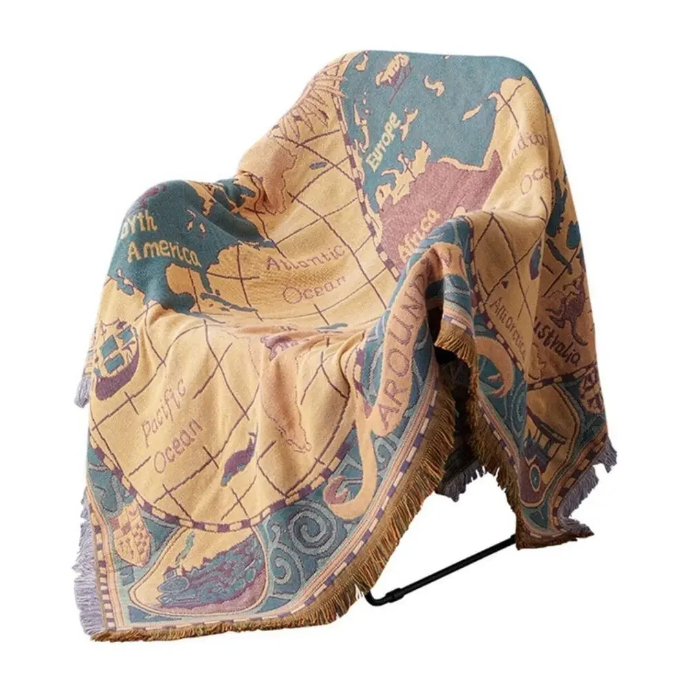 World Map Throw Blanket Wall Tapestry 3 Layers Cotton Woven Sofa Blanket 70x51”